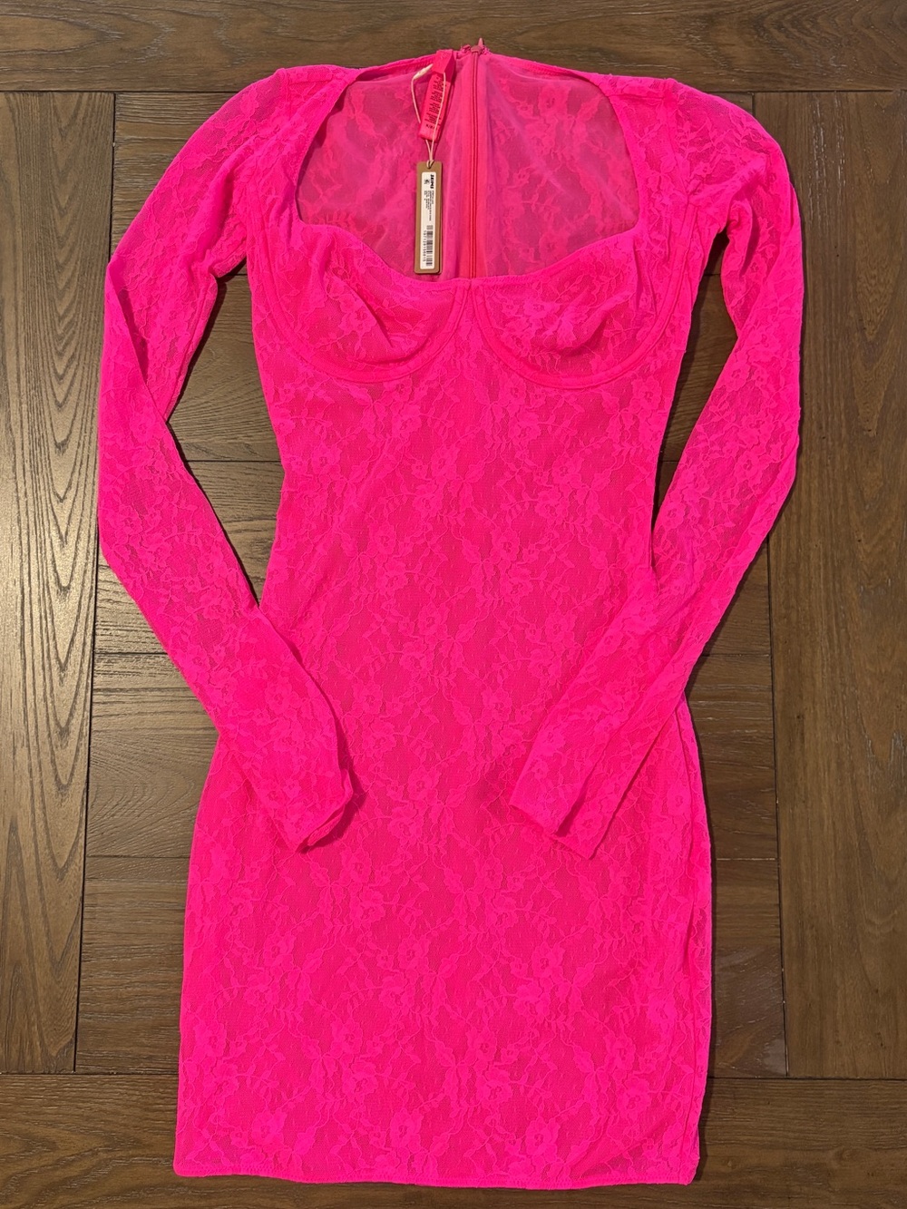 Skims Stretch Lace Lined Long Sleeve Underwire Mini Dress NWT in Hot Pink